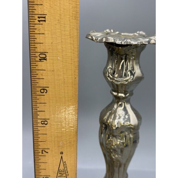 Vtg Pair Heavy Large Ornate Metal Candlesticks Antique Gothic Neo Style 10.5” H - Picture 7 of 8